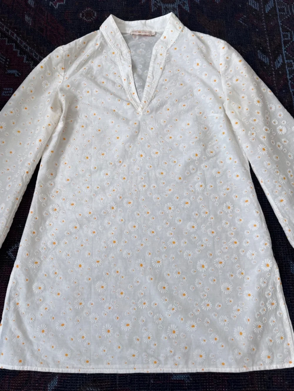 Tory Burch Daisy-Print Floral V-Neck Tunic Blouse | Size Small | Ivory White